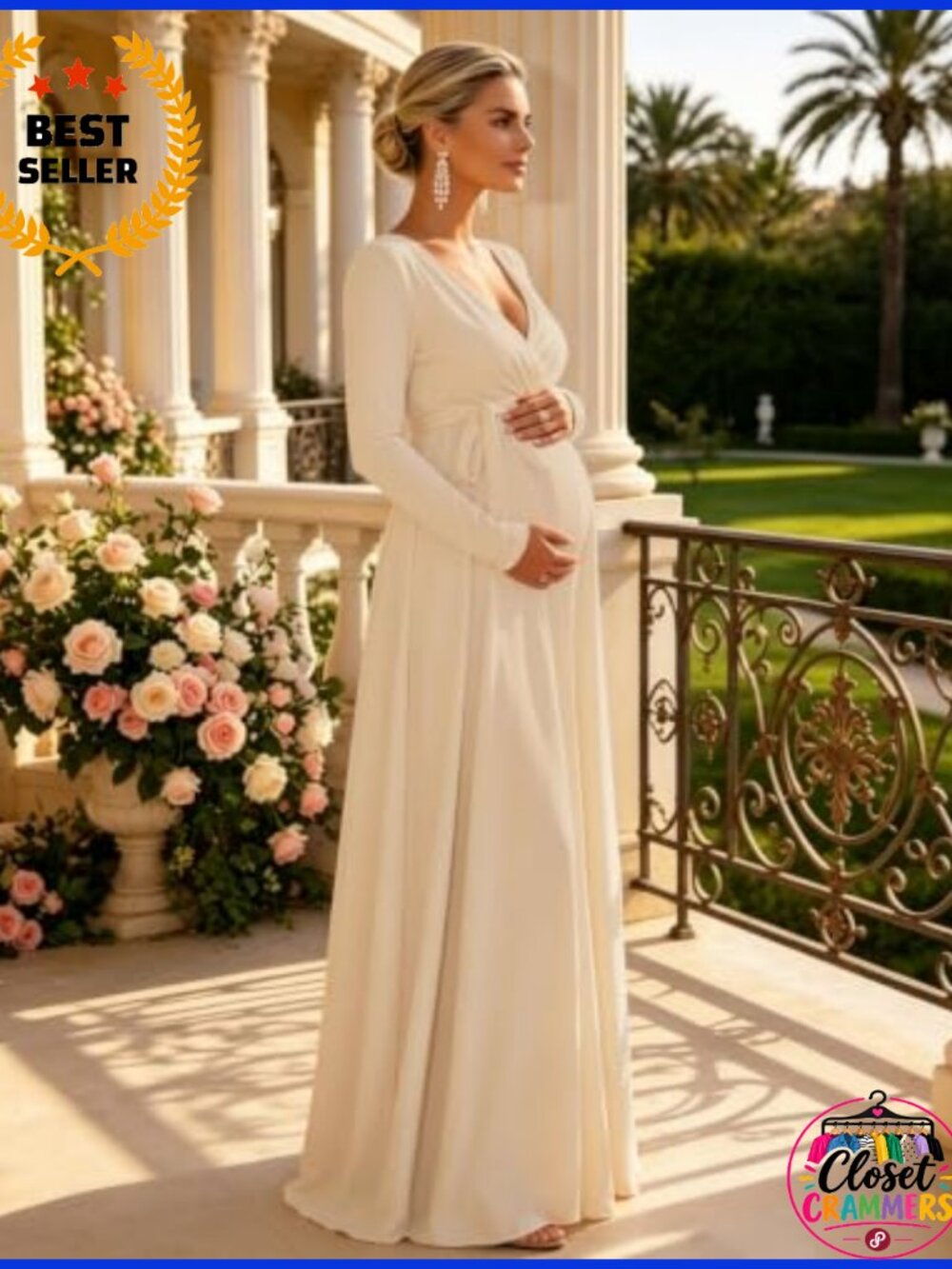 Maternity Maxi Dress V-Neck Long Sleeve Tie Waist Baby Shower Gown - Picture 5 of 6